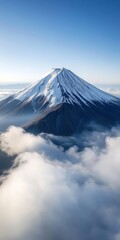 Fototapeta premium Majestic Mount Fuji Awe Inspiring Nature Photography Under Clear Blue Sky Experience Snow Capped Summit Of Japans Iconic Mountain Discover Breathtaking Views, Capturing Essence Of Natural Wonder