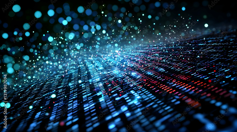 Poster dynamic abstract background with blue red glowing digital particles and bokeh effect futuristic data