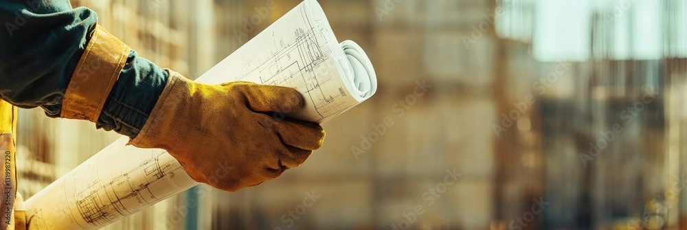Aufkleber Hand in safety glove holds blueprint at construction site with clear space for text and thoughtful composition