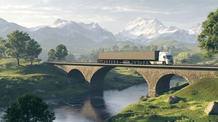Semi-truck crossing scenic bridge over river.