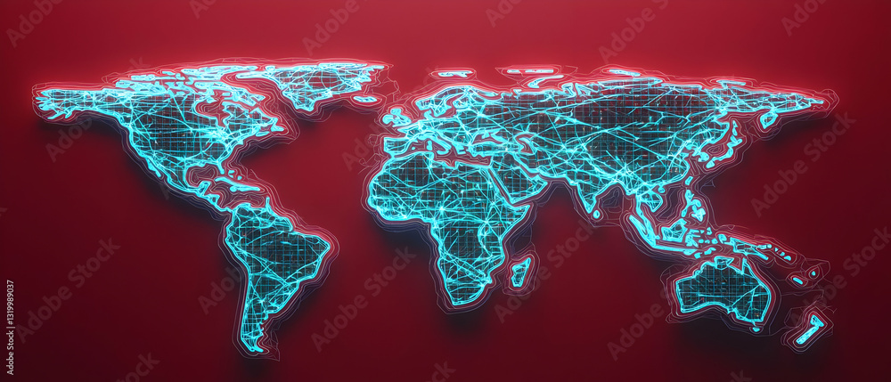 Poster abstract 3d rendering of glowing blue world map on red background with network of dots and lines sho