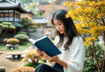 Mujer leyendo un libro en un tranquilo jardín japonés