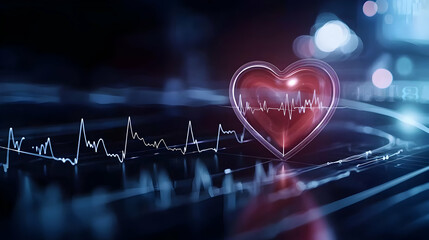 Fototapeta premium Glowing Red Anatomical Heart With Ekg Line And Data Stream In Futuristic Medical Technology Visualization