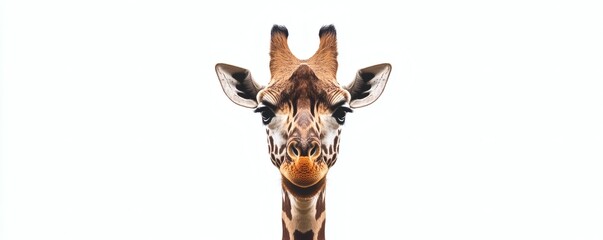 A frontal portrait showcases the head of a graceful giraffe