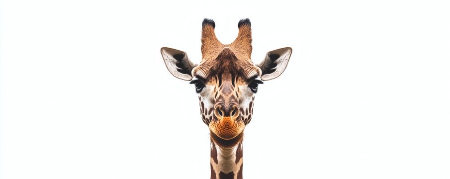 A frontal portrait showcases the head of a graceful giraffe
