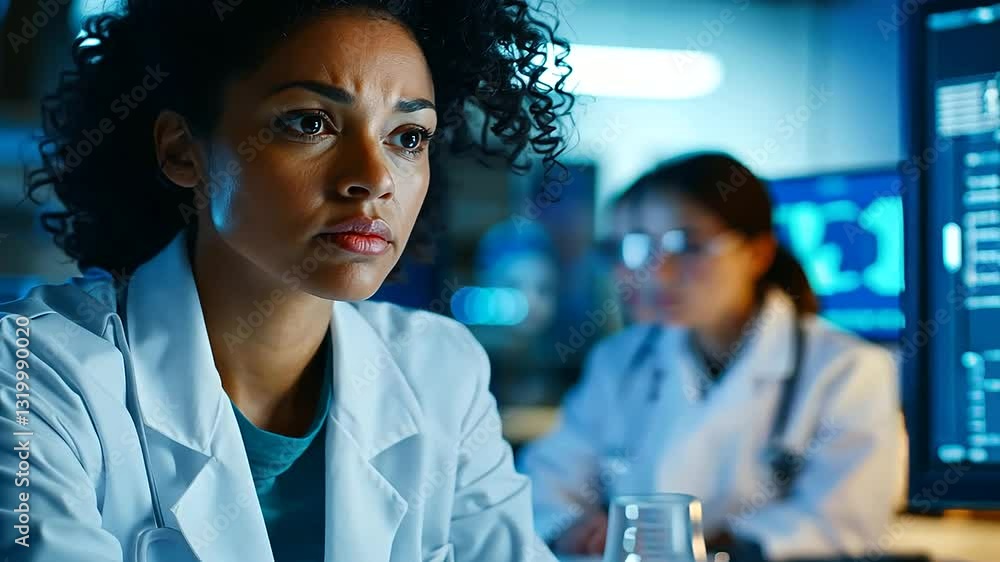 Poster a female engineer interacts with an augmented reality interface in a cutting-edge laboratory.
