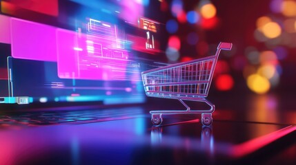E-commerce Neon Shopping Cart on Laptop