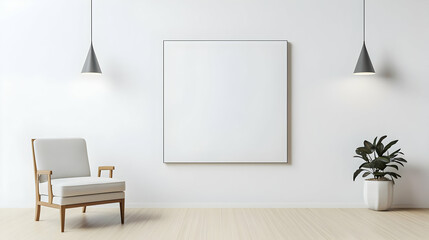 Modern Minimalist Interior Design of Living Room With White Canvas Mockup Armchair Lamps and Potted Plant on Wooden Floor