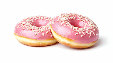 Two Pink Glazed Donuts With White Sprinkles On A White Background