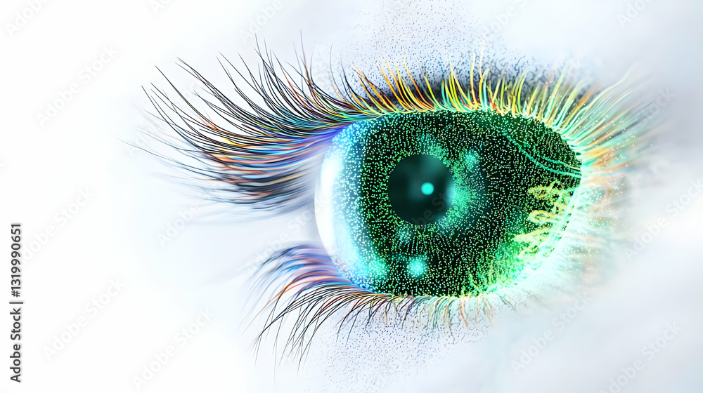 Poster close up of a green and teal digital eye with colorful particles emanating on a soft white backgroun
