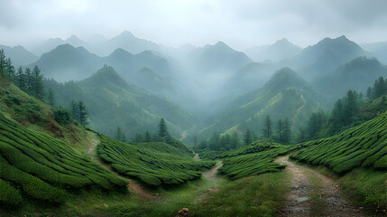 Obraz premium Misty Mountain Valley Landscape In Southeast Asia