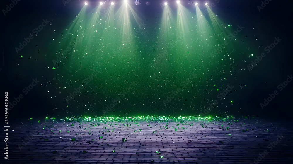 Poster dynamic green spotlight beams shining down onto a pixelated surface creating an abstract futuristic 