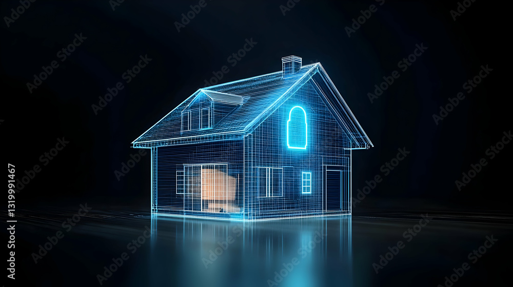 Poster digital blue house depiction with glowing lines representing home automation and cybersecurity conce