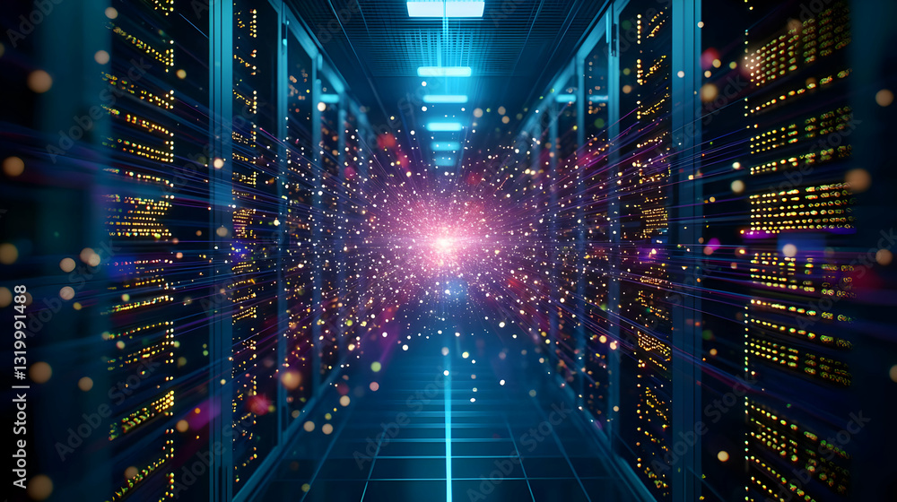 Poster futuristic data center with glowing blue and purple lights binary code and data transfer