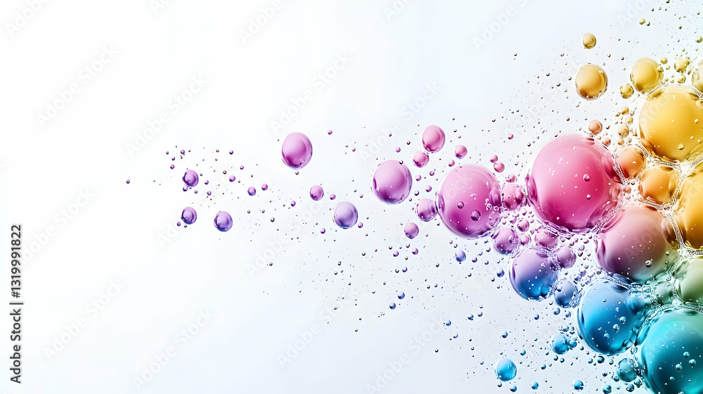 Poster abstract composition of floating colorful spheres against a soft white backdrop