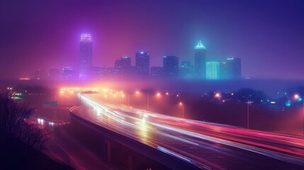 Fototapeta premium Neon Cityscape Nightscape: Foggy Highway and Skyline at Dusk
