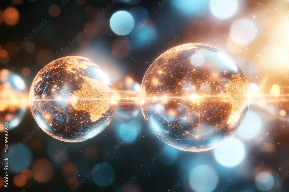 Aufkleber Unique virtual worlds represented by glowing spheres connected through light beams in a cosmic setting with space for text