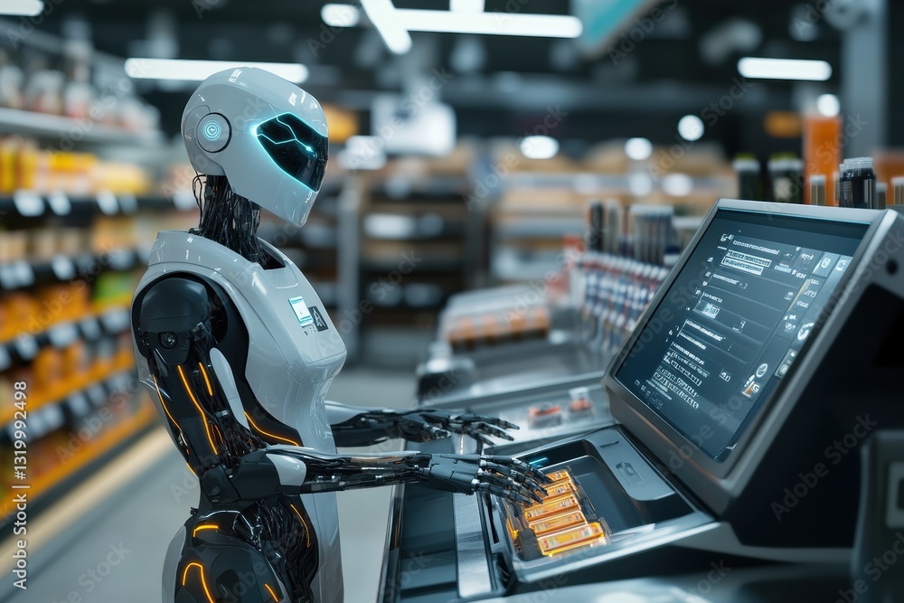 Poster smart cashier complements automated checkout process in a modern supermarket environment