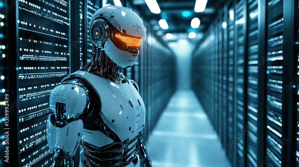 Poster futuristic robot in a data center: ai and technology