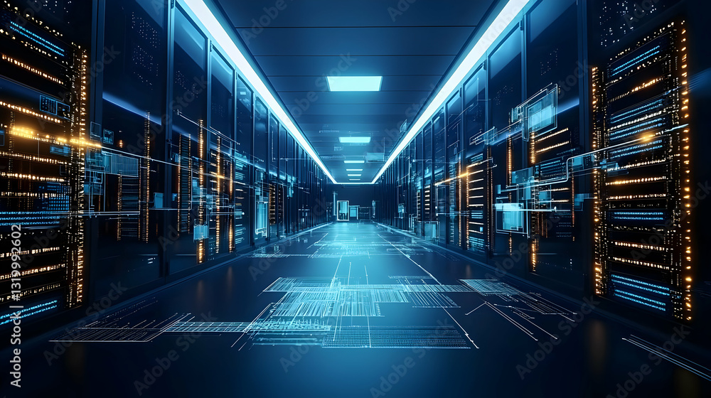 Poster futuristic server room with glowing blue lights and digital data flow in dark modern data center cor