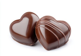 Two heart-shaped chocolates on a white background.