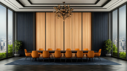 Modern conference room with large windows and stylish decor