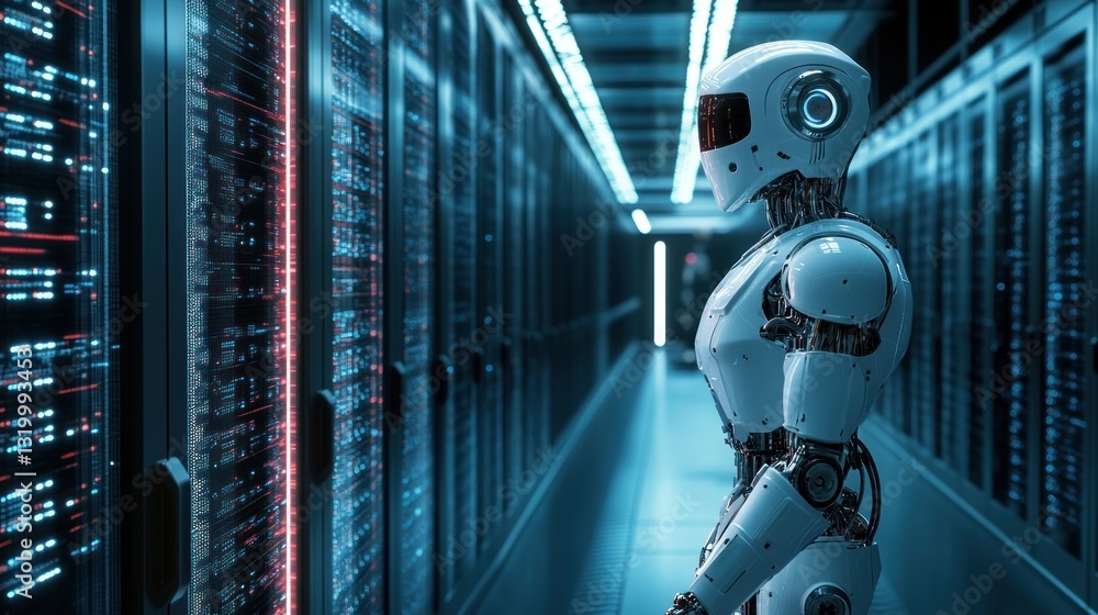 Poster futuristic robot in a data center: exploring the realm of artificial intelligence