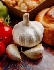Close-Up of Garlic Bulbs with a Variety of Fresh Produce