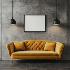 Mustard velvet sofa with frame mockup in modern room.