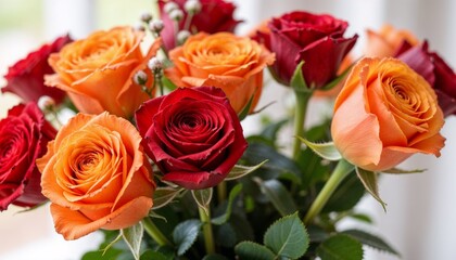 Obraz premium vibrant bouquet of red and orange roses in full bloom, elegant floral arrangement for celebrations, romantic gifts, and home decor