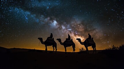 Fototapeta premium Desert Caravan Under the Milky Way: A Nighttime Journey Across the Sands