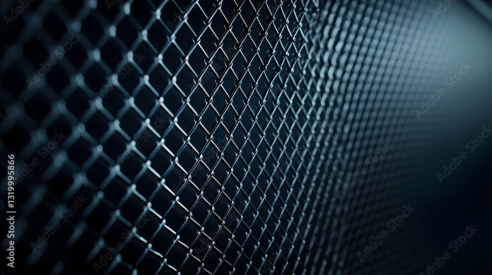 Poster close-up view of a dark blue metal mesh fence in perspective with a gradient and light contrast in t
