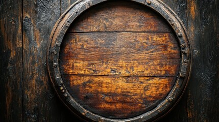 Vintage oak barrel lid with rich, textured wood grain, showcasing the rustic charm of traditional craftsmanship, surrounded by aged metal bands on an old wooden backdrop