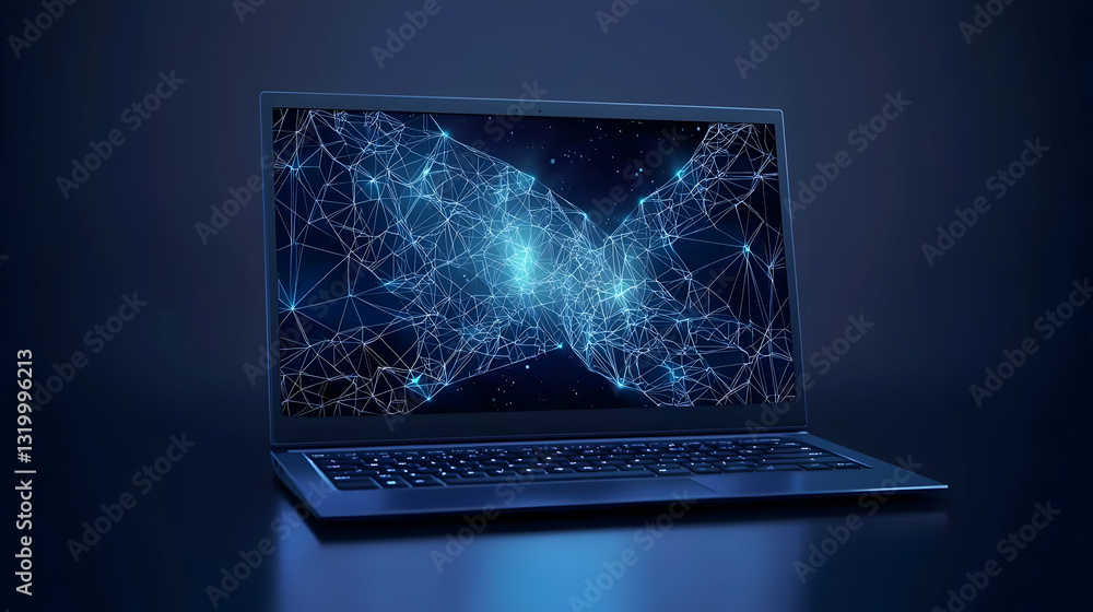 Aufkleber futuristic technology dark blue laptop with glowing abstract data network visualization on screen in