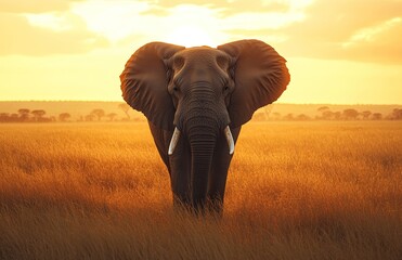 Obraz premium A wise elephant with large tusks walking through the sunlit savannah showcasing its majestic stature and graceful movements perfect for wildlife conservation projects and educational material