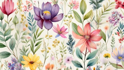 Obraz premium Abstract botanical pattern of hand-painted wildflowers and delicate leaves in soft watercolor paint