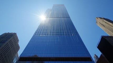 Obraz premium Majestic Skyscraper Reaching for the Sun in a Clear Blue Sky
