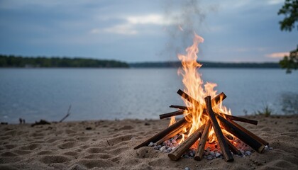 Fototapeta premium cozy campfire on sandy lakeshore with peaceful water view at dusk, relaxing outdoor adventure in nature with warm flames and serene atmosphere