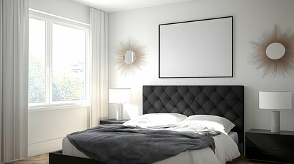 Modern Bedroom Interior Design With Black Tufted Bed White Bedding And Decorative Gold Sunburst Mirrors