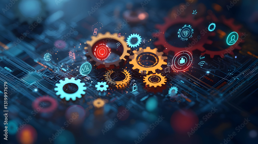 Poster interconnected gears on circuit board with futuristic blue orange and red particles in a digital net