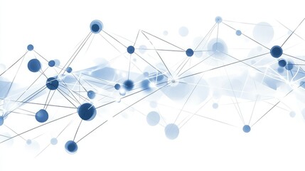 A digital abstract design featuring interconnected blue circles and lines against a white background, conveying a sense of connectivity and technology.