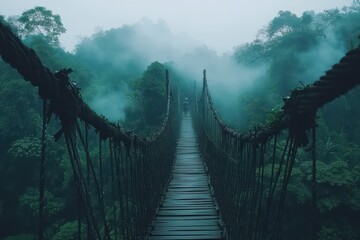 Obraz premium Misty Forest Suspension Bridge with Lush Greenery and Foggy Landscape