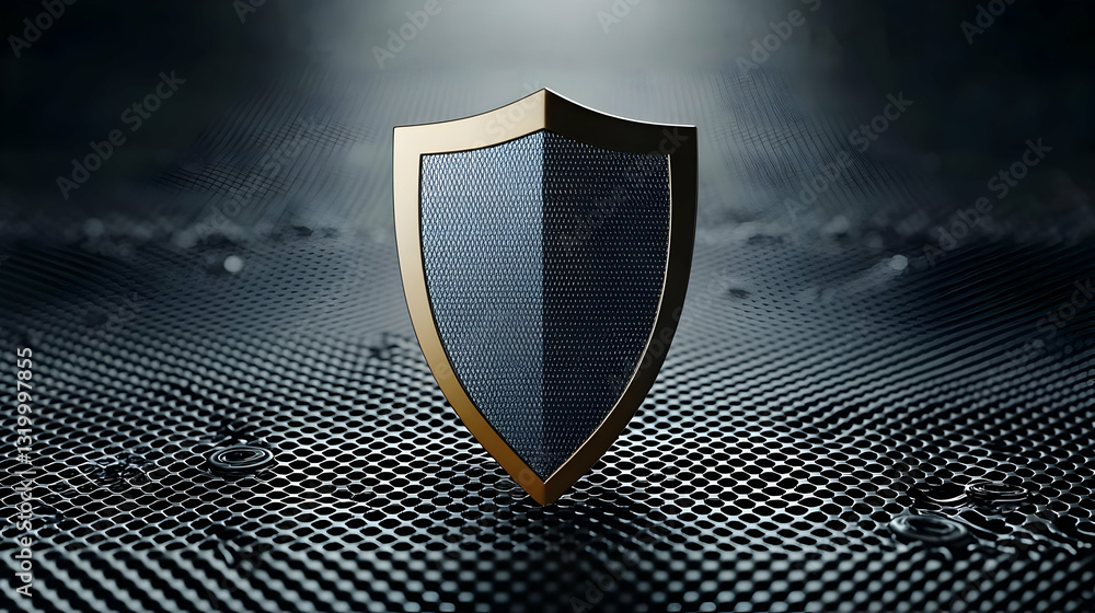 Poster metallic shield with gold border on dark textured background protecting digital data from cyber thre