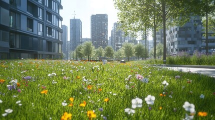 Urban Oasis: Blooming Meadow in Modern Cityscape