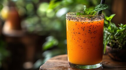 Refreshing Summer Orange Smoothie with Chia Seeds and Mint Against a Lush Greenery Background, Perfect for Quenching Thirst on a Hot Day