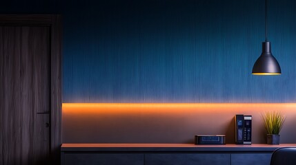 Modern workspace with blue wall, warm lighting, and minimalist decor showcasing a serene atmosphere