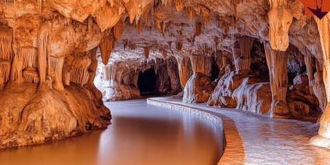 Stunning Natural Limestone Cave with Water Pathway and Dramatic Stalactites and Stalagmites Rock Formations in Scenic Underground Environment Photography