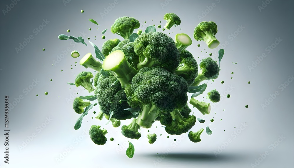Poster isolated floating broccoli with bright colors and dynamic movement, modern style.