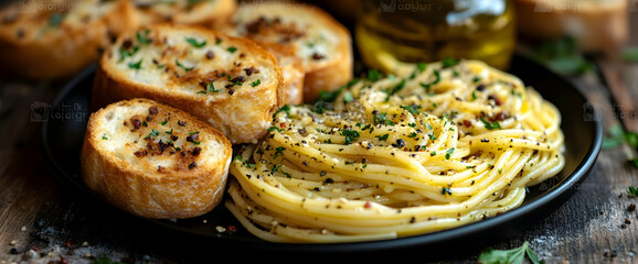 Garlic Bread And Spaghetti Dish With Olive Oil