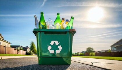 a green recycling bin filled with paper plastic and glass bottles sitting on a suburban curb on a sunny day